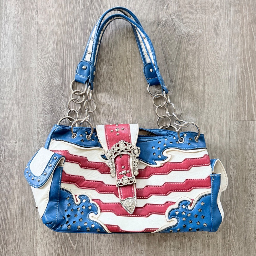 Cowgirl Trendy Y2K Patriotic USA Flag Bedazzled Shoulder Bag Red White Blue
